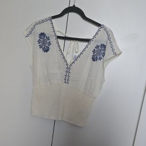Old Navy White Blouse with Blue Embroidery